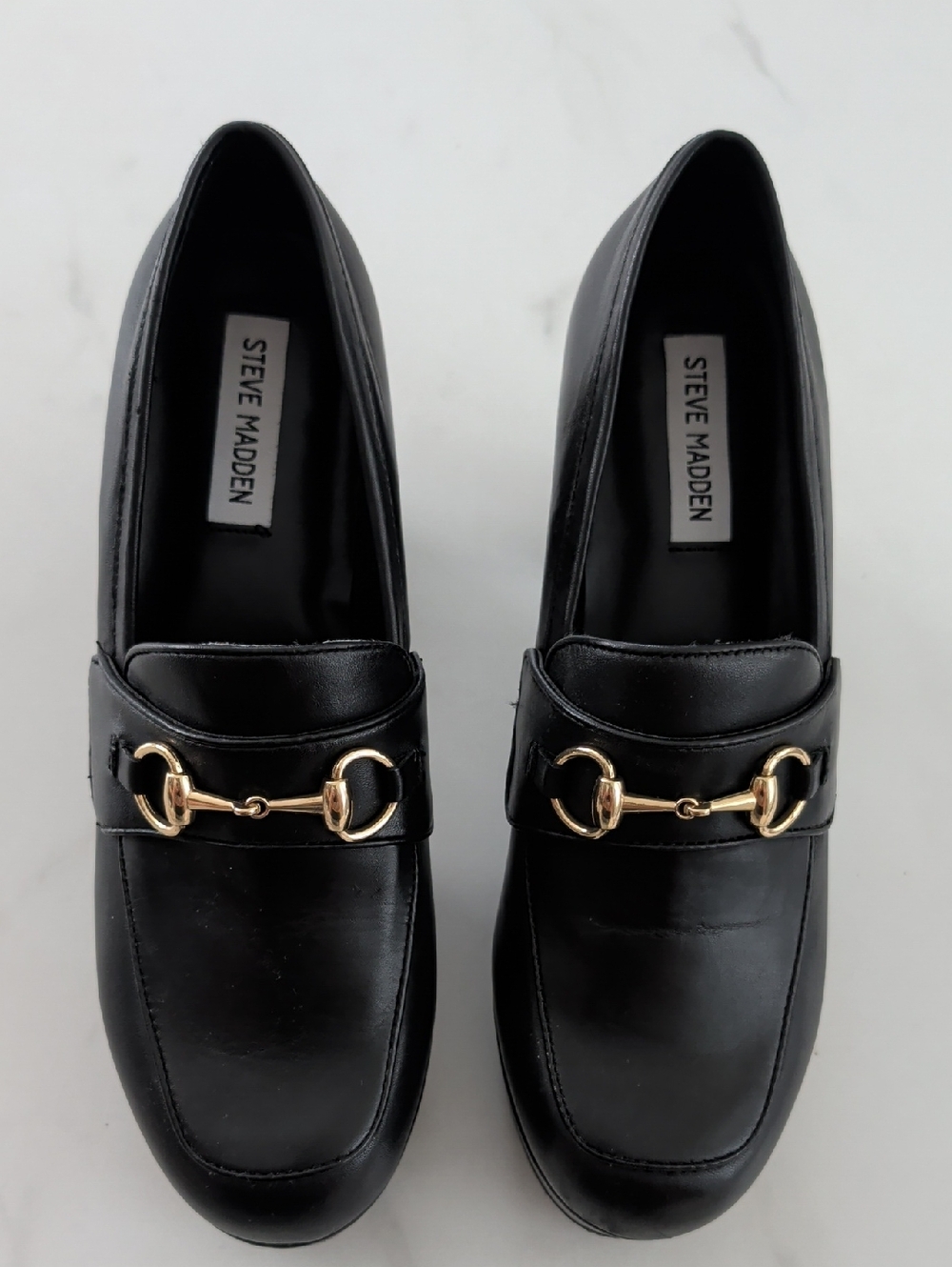 Steve Madden Black Leather Loafers with Gold Horsebit Detail
